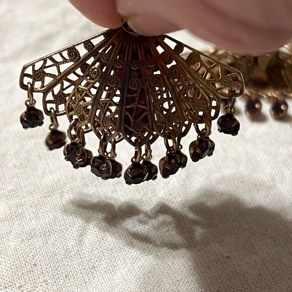 Vintage Gold-Tone Filigree Fan Clip-On Earrings with Beaded Fringe - Picture 4 of 8